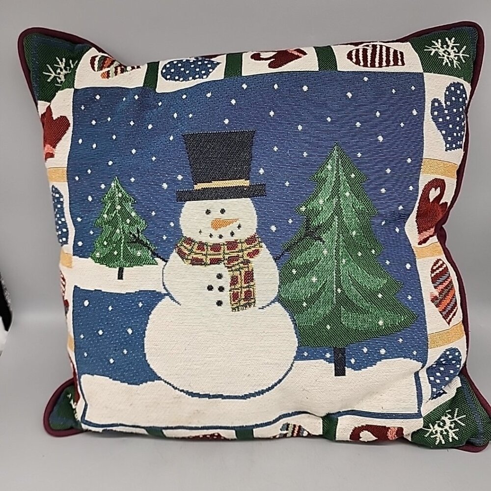 Vintage Snowman Mittens Tapestry Throw Pillow Christmas Red Back 16x16"